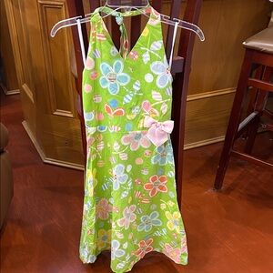 Rare Editions Lime Green Floral Halter Dress with Pink Bow Accent